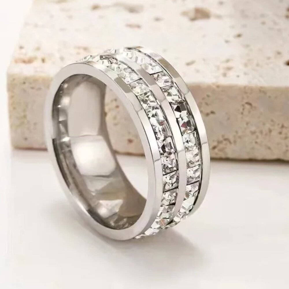 3/$35 Silver Stainless Steel Double Row Rhinestone Band Fashion Ring Engagement - Picture 3 of 3